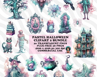 Pastel Halloween Clipart Collection 2 | 20 PNG Pastelloween Watercolor Design Bundle | Spooky Pastel Goth Illustration | Commercial Use