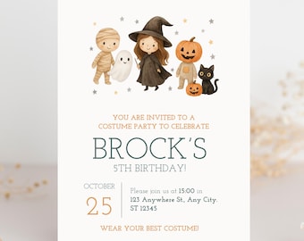 May include: Halloween-themed invitation with illustrations of costumed characters, including a mummy, ghost, witch, pumpkin, and black cat. The invitation text reads "YOU ARE INVITED TO A COSTUME PARTY TO CELEBRATE BROCK'S 5TH BIRTHDAY!" with date and time details.