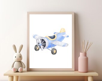 Blue Biplane Print: Travel Nursery, Boys Room Decor (Digital Download)