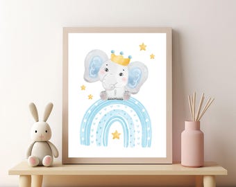 Regenbogen Kinderzimmer Poster: Elefant auf blauem Regenbogen (Digitaler Download)