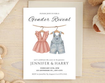 May include: A gender reveal invitation featuring a pink dress and blue overalls hanging on a clothesline. The invitation includes the text "Gender Reveal", the names Jennifer & Harry, and event details.