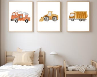 Arte infantil sobre transporte: camión de bomberos, excavadora y camión volquete (descarga digital)