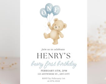 May include: A light-colored invitation card featuring a watercolor illustration of a teddy bear holding three blue balloons that spell "ONE." The text reads "HENRY'S beary first birthday" with event details. The invitation is designed for a first birthday celebration.