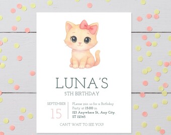Cat Birthday Party Invitation: Editable Purrfect Party Invite (Digital Download, 5x7" PDF Template)