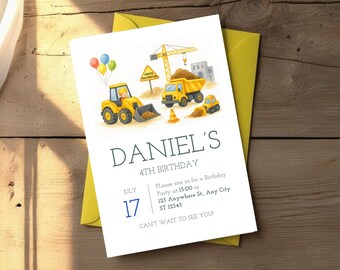 May include: A birthday invitation featuring construction vehicles, balloons, and the text "DANIEL'S 4TH BIRTHDAY". The invitation includes the date, time, and location of the party, with the words "CAN'T WAIT TO SEE YOU!" at the bottom.
