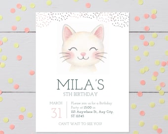 Kitty Cat Birthday Invitation: Editable Watercolor Party Invite (Digital Download, 5x7" PDF Template)