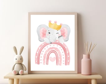 Regenbogen Kinderzimmer Print: Rosa Elefant, Herzen (Digital Download)
