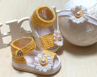 Yellow Baby Sandals Crochet With Matching Flower Headband, First Baby Sandals Crochet With Matching Flower Tieback