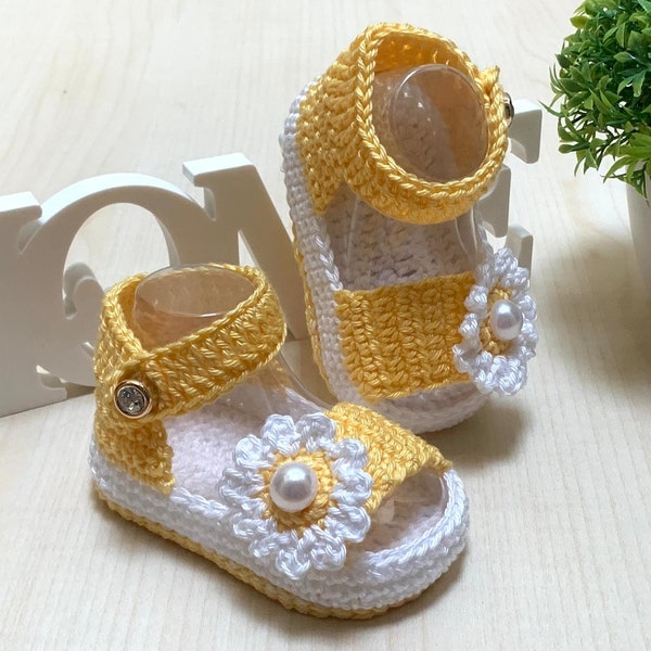 Yellow Crochet Baby Sandals For Girl, Crochet Shoes With Double Soles, Baby Crochet Slippers For Newborn Girl