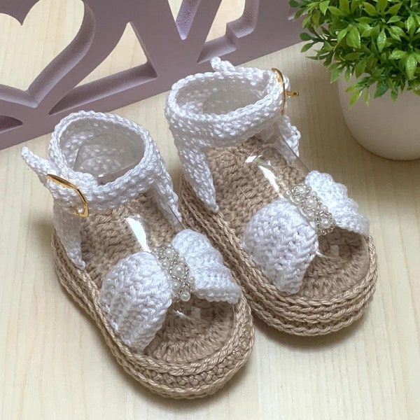 White Crochet Baby Sandals Platform, Crochet Baby Sandals For Special Occasions, White Crochet Baptism Shoes For Baby Girl