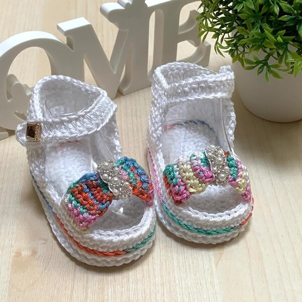 Multicoloured Crochet Baby Sandals For Girl, Crochet Shoes With Double Soles, Baby Crochet Slippers For Newborn Girl