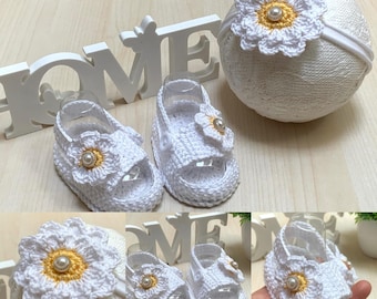 Handmade Custom Crochet Baby Sandals With Matching Headband , Baby Girl Gift Handmade, First Sandals For Baby Birth