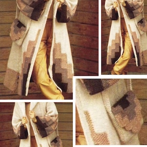 May include: A long, cream-colored hooded cardigan featuring a geometric stepped pattern in shades of brown and tan along the hem and cuffs, with matching patch pockets. The text PATRON PDF is displayed in the bottom right corner in a gold font.