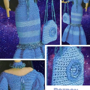 Pattern Evening dress and accessories, crochet lace for Barbie doll Patterns with tutorials in French Pdf format