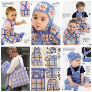 May include: A collection of crochet patterns for baby clothes and accessories. The patterns include a hat, booties, overalls, and a sweater. The patterns are made with a blue and white yarn with a floral design.