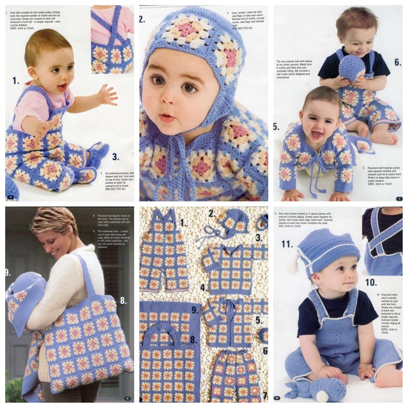 May include: A collection of crochet patterns for baby clothes and accessories. The patterns include a hat, booties, overalls, and a sweater. The patterns are made with a blue and white yarn with a floral design.