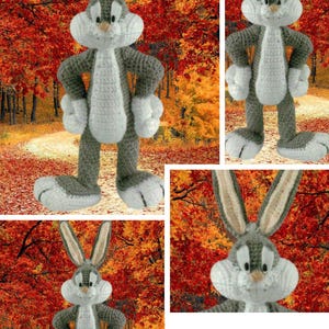 May include: A handmade crochet Bugs Bunny doll in gray, white, and tan. The doll has long ears, large feet, and is posed with its arms at its sides. The background is a collage of images with fall foliage and the text "FORMAT PDF".