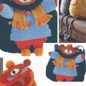 May include: Knitting pattern for a teddy bear backpack, hat, and scarf. The pattern is available as a PDF download. The teddy bear is wearing a blue and orange scarf and a red button.
