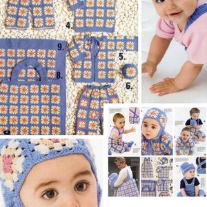 May include: A crochet pattern for a baby outfit, including a hat, overalls, and a cardigan. The pattern is shown in blue and yellow colors. The pattern is available in PDF format.