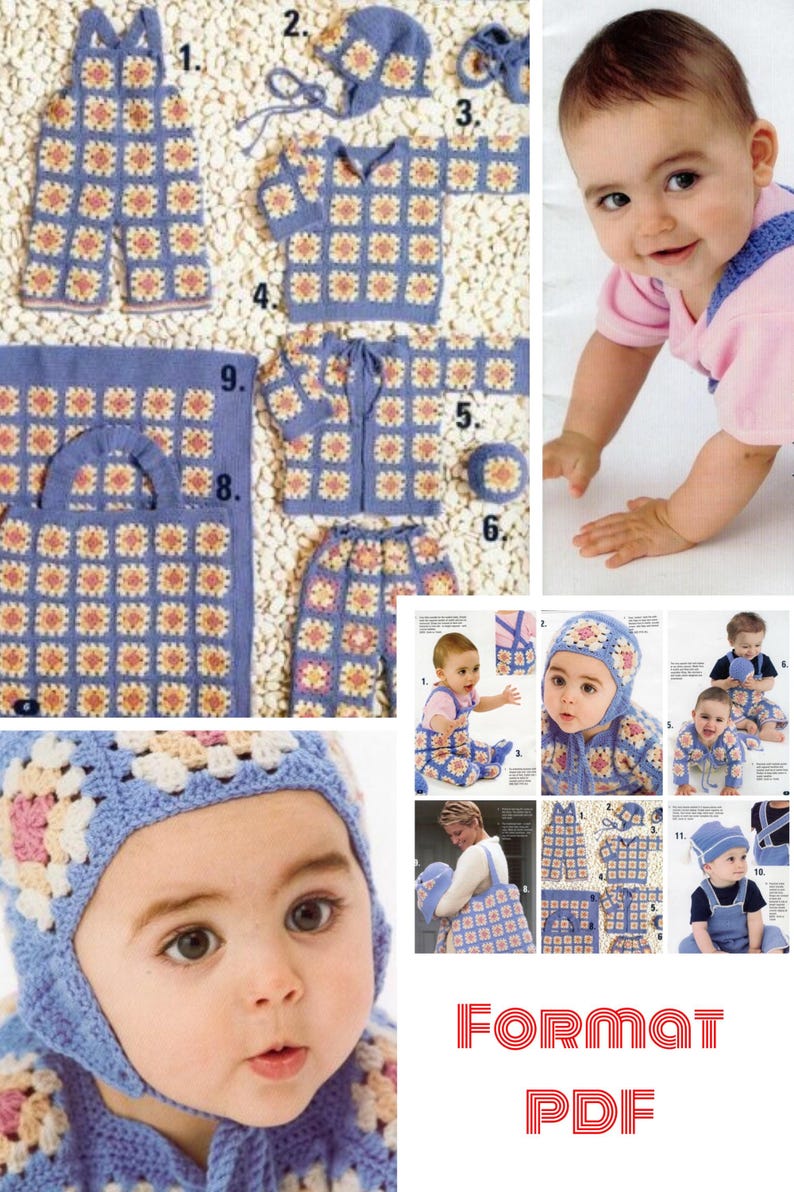 May include: A crochet pattern for a baby outfit, including a hat, overalls, and a cardigan. The pattern is shown in blue and yellow colors. The pattern is available in PDF format.