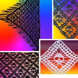May include: A digital download of a crochet pattern for a skull-shaped shawl. The pattern is available in PDF format. The image shows four different views of the shawl, including a close-up of the skull design.