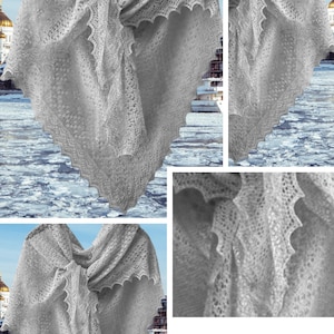 Könnte beinhalten: Ein grauer gestrickter Schal mit einem zarten Spitzenmuster. Der Schal ist über einen Holzbügel gelegt und vor dem Hintergrund eines verschneiten Flusses und einer Stadtkulisse fotografiert. Der Text "PATTERN PDF" ist in blau-weißen Streifen auf weißem Hintergrund gedruckt.