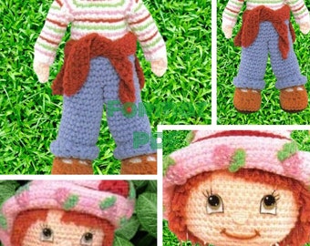 Strawberry Shortcake doll crochet pattern with tutorials in French and English (PDF format)