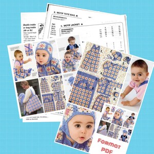 May include: A crochet pattern for a baby jacket, hat, and tote bag. The pattern includes instructions for making each item, as well as a chart showing the measurements for different sizes. The pattern is written in English and includes photos of the finished items.