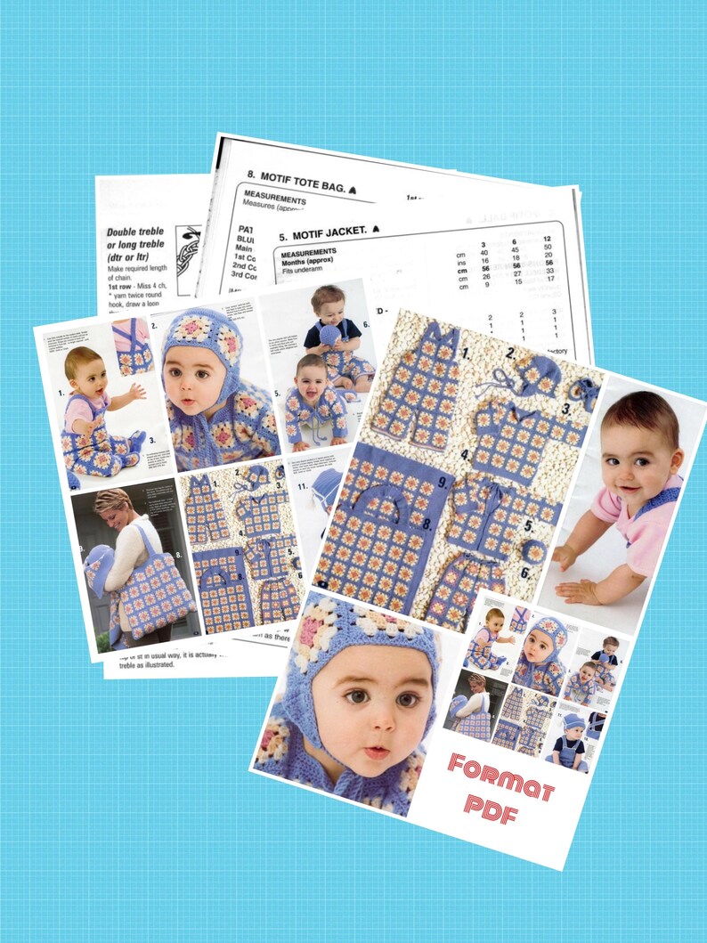 May include: A crochet pattern for a baby jacket, hat, and tote bag. The pattern includes instructions for making each item, as well as a chart showing the measurements for different sizes. The pattern is written in English and includes photos of the finished items.
