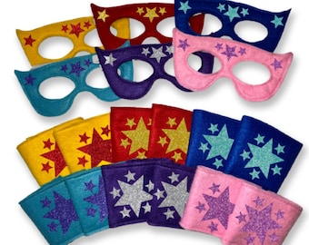 Set of superhero mask and cuffs for children with glitter stars, your desired combination in different colors, disguise, costume