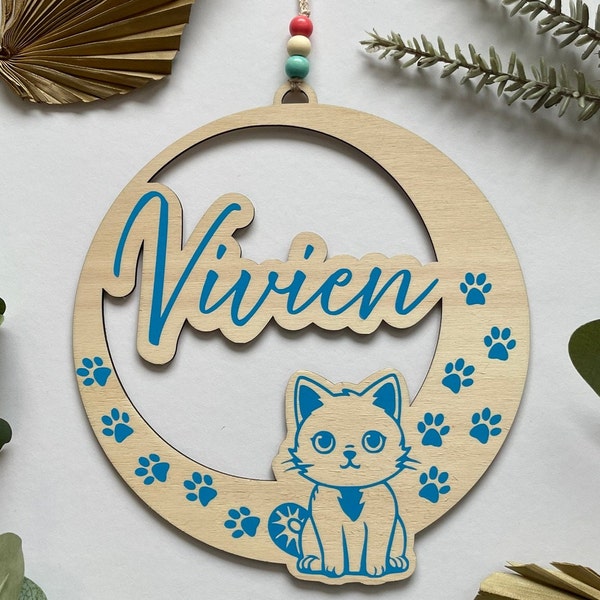 Holz Türschild Katze Kinderzimmer mit Wunschnamen personalisierbar / Türdekoration Vorname Kind  mit süßem Tiermotiv