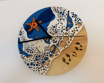 Reloj de pared marítimo 25 cm, reloj de madera personalizado redondo, silencioso, silencioso, playa, mar, huellas, decoración, regalo de inauguración, familia