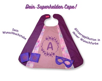 Superhelden-Umhang für Kinder, Superhero Cape, personalisierbar mit Wunschbuchstabe, mit Maske und Manschetten, Verkleidung, Kostüm, Glitzer