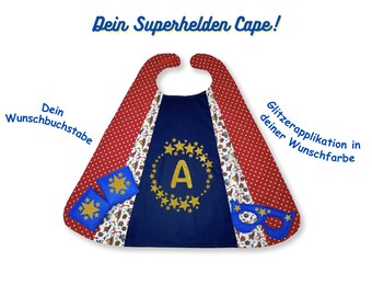 Superhelden-Umhang für Kinder, Superhero Cape, personalisierbar mit Wunschbuchstabe, mit Maske und Manschetten, Verkleidung, Kostüm, Glitzer