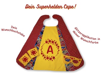 Superhelden-Umhang für Kinder, Superhero Cape, personalisierbar mit Wunschbuchstabe, mit Maske und Manschetten, Verkleidung, Kostüm, Glitzer