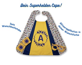 Superhelden-Umhang für Kinder, Superhero Cape, personalisierbar mit Wunschbuchstabe, mit Maske und Manschetten, Verkleidung, Kostüm, Glitzer