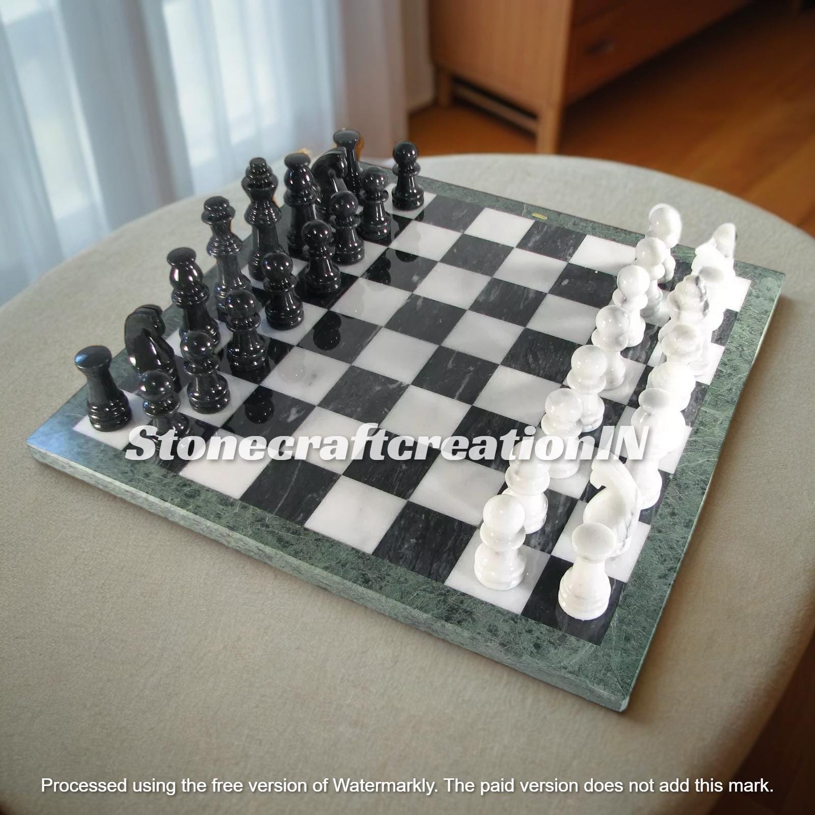 Green & Black Marble Chess Set Top With Chess Pieces for Indoor