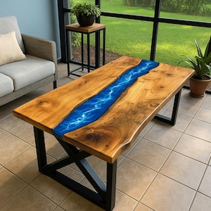 Blue Ocean Wave Epoxy Resin Table: Live Edge Acacia Wood Dining Table