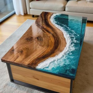 Handmade Ocean Wave Resin Coffee Table | Coastal Wood Art