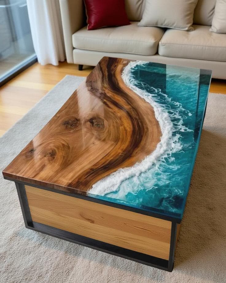 Ocean Wave Epoxy Resin Coffee Table | Handmade River Table with Beach Art | Coastal Wood & Resin Table for Living Room Decor