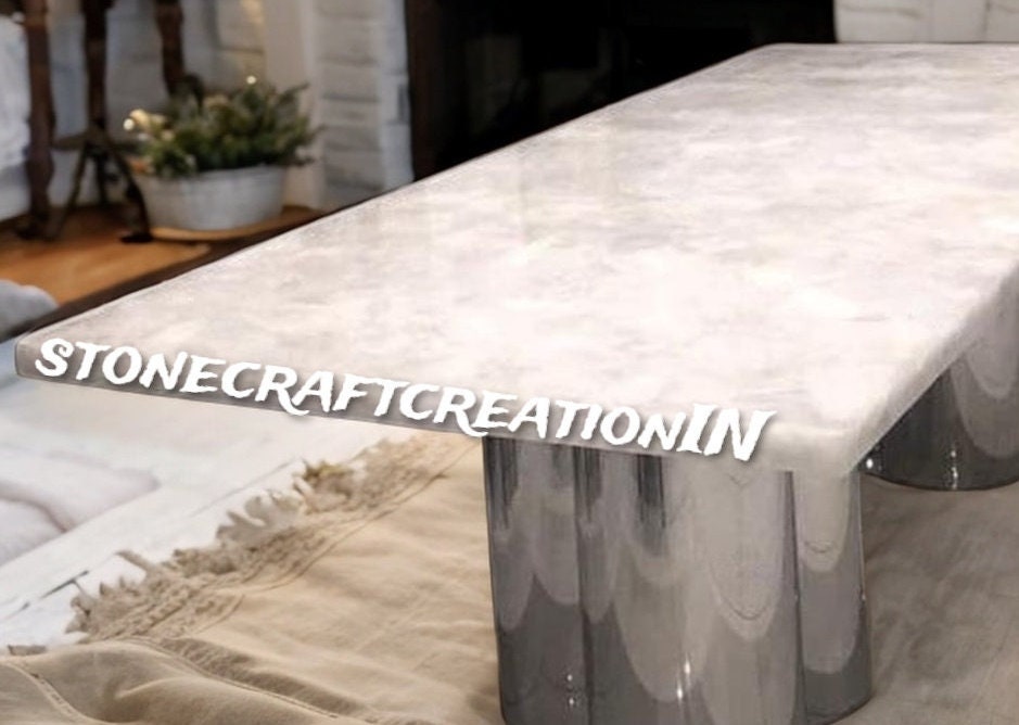 White Quartz Stone Dining Table, Natural Quartz Kitchen Slab, Handmade ...