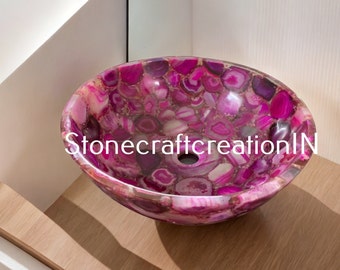 Pink Agate Round Wash Basin, Agate Kitchen Counter & Vanity Counter Sink, Gemstone Sink, Agate Modern Sink Accessories For Interior decor