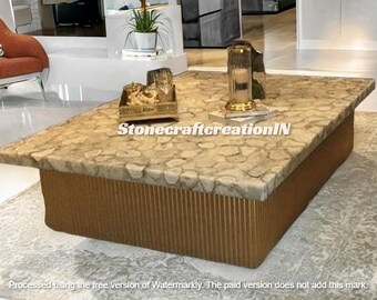 Handmade Natural Agate Stone Coffee Table: Beige Gemstone Tabletop