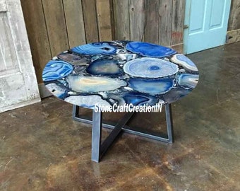 Handmade Blue Agate Stone Coffee Table: Luxury Round Gemstone Accent