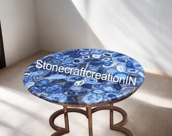 Blue Agate Coffee Table, Gem Stone Table Top, Agate Round Kitchen Table, Blue Agate Side & Sofa Table Top, Living Decor Furniture