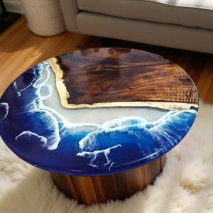 Ocean Resin Coffee Table | Epoxy River Table with Blue Waves | Live Edge Wood Center Table | Handmade Coastal Furniture