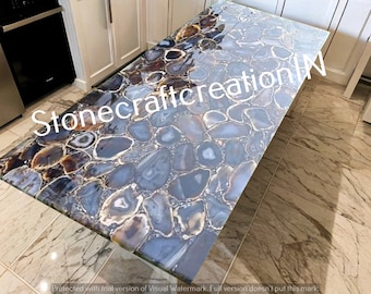 Handmade Black Agate Slab Table Top: Polished Gemstone Furniture
