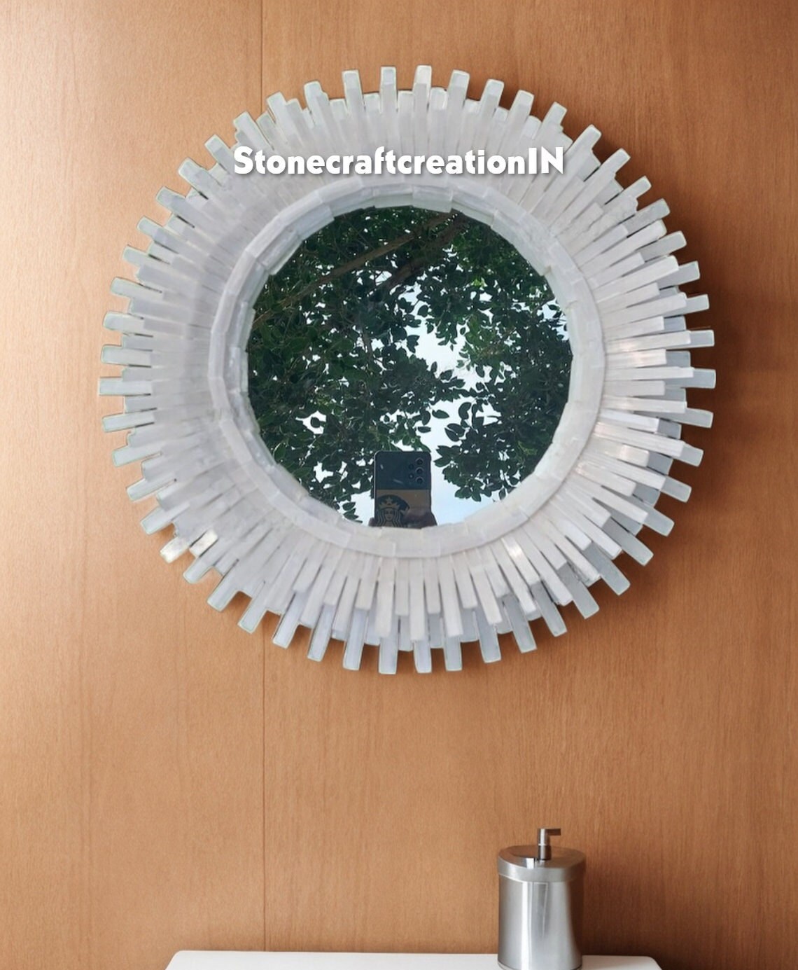 Miroir Mural En Pierre De Sélénite Naturelle - Cadre Rond Blanc 18 Pouces - Personnalisable - Neuf