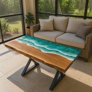 Luxury Ocean Epoxy Coffee Table – Handmade Resin River Table, Blue Ocean Wave Design, Custom Wood and Epoxy Furniture