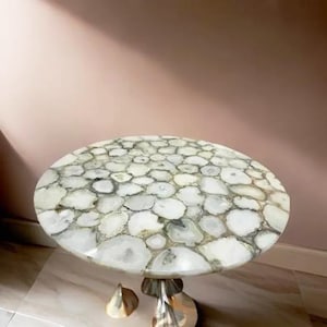 White Agate Coffee Dining Table Top, Agate Stone Sofa Center Table Top, Agate Side Table, Dining Room Furniture